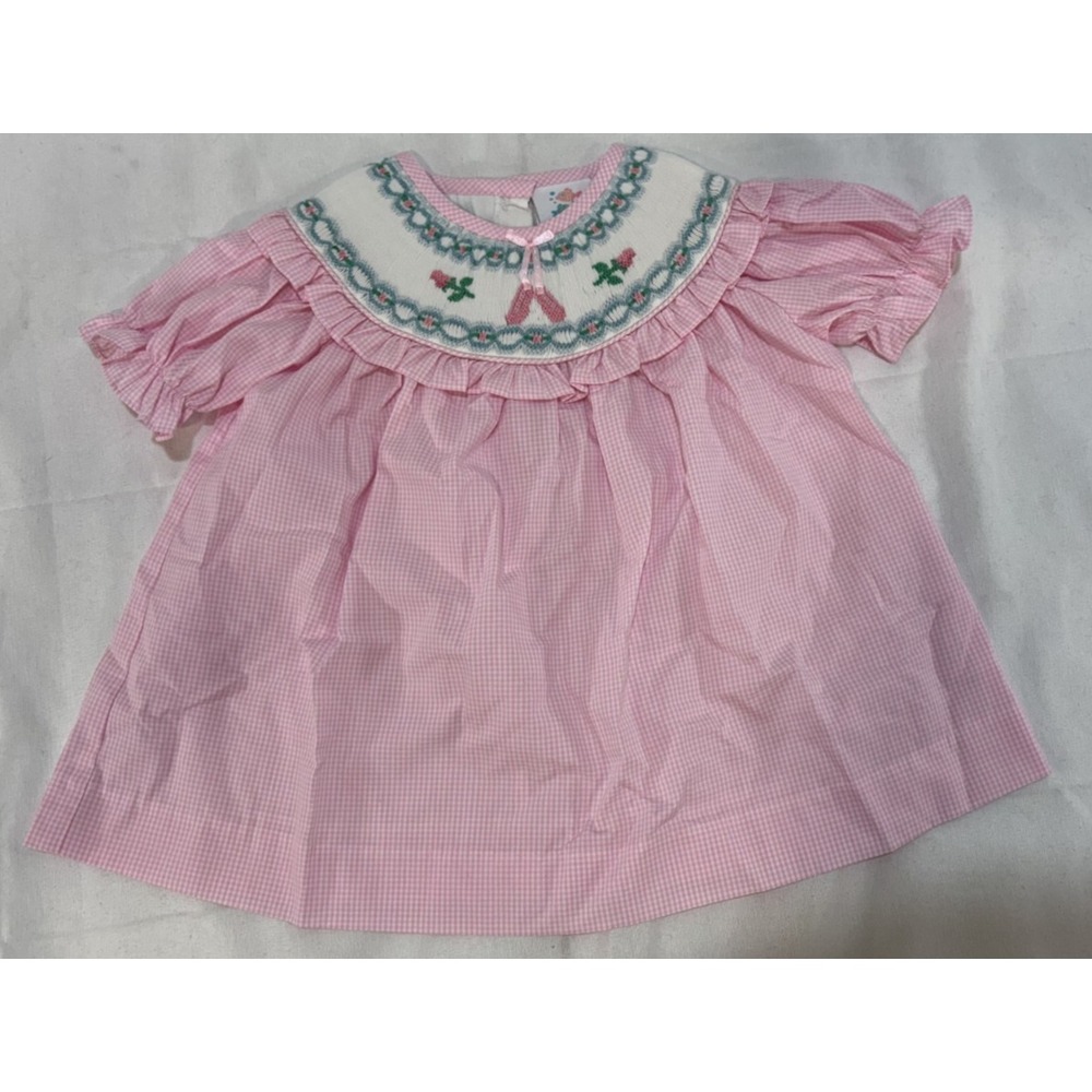 Stitchy Fish Baby Girl Short Sleeve Pink Checkered Embroidered Collar Dress 2T